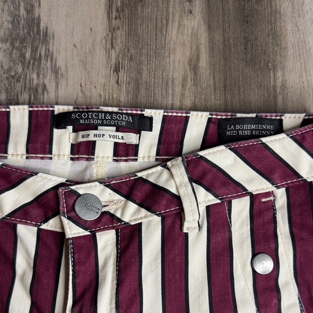Scotch & Soda Burgundy and Cream Striped Mid Rise Skinny - Picture 2 of 5